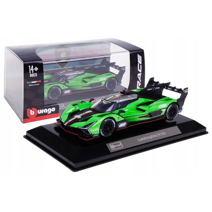 Masinuta metalica Lamborghini SC63 LMDH, Bburago, 11x5x2,8cm, set cu box plexi