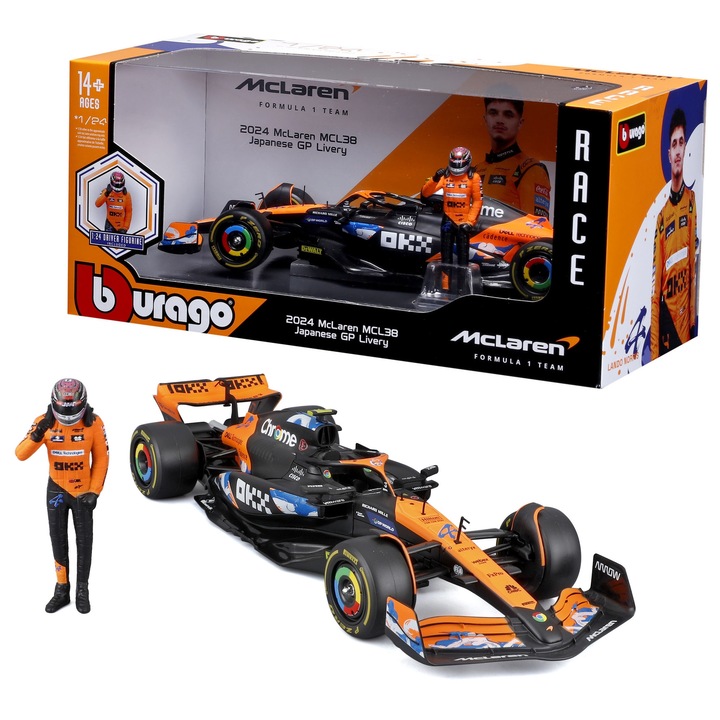 Automacheta F1 McLaren MCL38, Lando Norris figura, fém, 23cm, többszínű