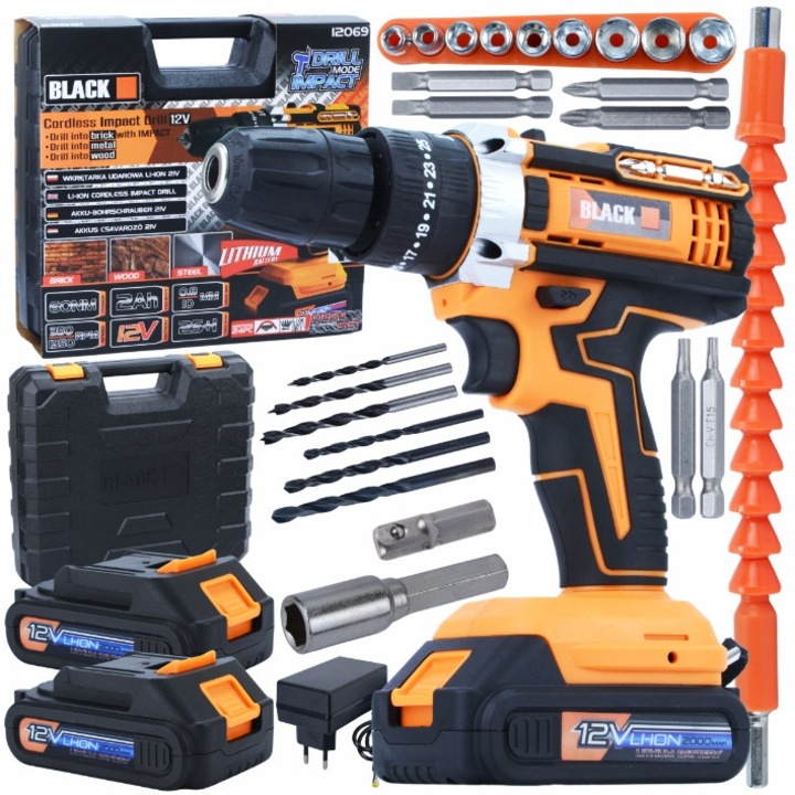 Black 12V fúró-csavarozó, 2 db 2000mAh akkumulátor, ütvefúró funkció, teljes készlet 25+1 tartozékkal