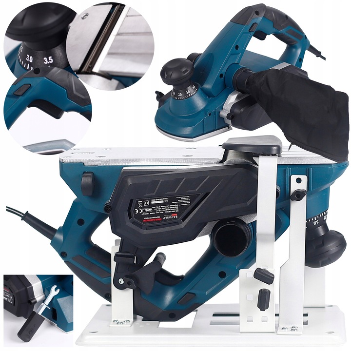Bavaria BVEP1650T elektromos gyalu, 1650W, 15.000 ford/perc, gyalulási szélesség 110 mm, mélység 0-3,5 mm, dupla acélkések, gyűjtőzsák és fém tartó mellékelve, kék/fekete, 1 db