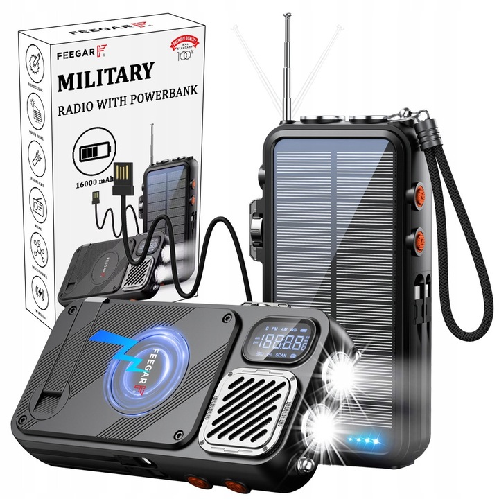 Radio portabil Feegar Military, multifunctional, powerbank solar, negru, 185x100x35mm