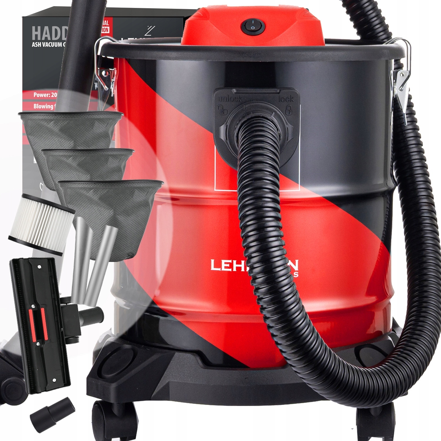 Aspirator industrial Lehmann Haddo Premium 2000W, fara sac, filtru HEPA, capacitate 20L, negru-rosu