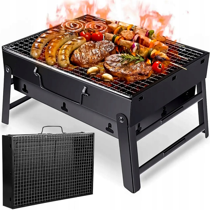 Összecsukható utazó grill, fekete, 3-5 személyes, mérete 35x27x20cm, komplett készlet bőröndben