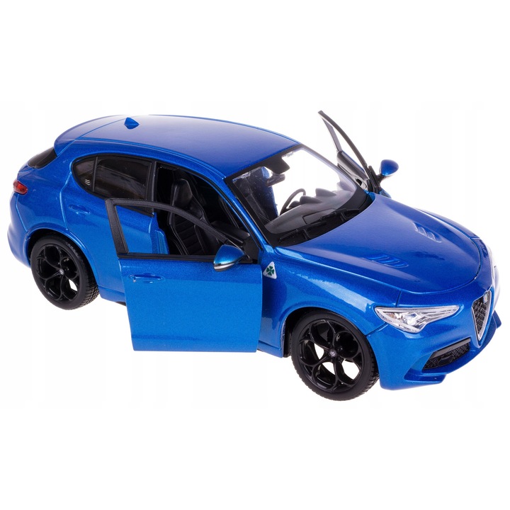 Model metalic Alfa Romeo Stelvio 1:24, deschidere usi, roti mobile, albastru, 19,5x9,3x7cm