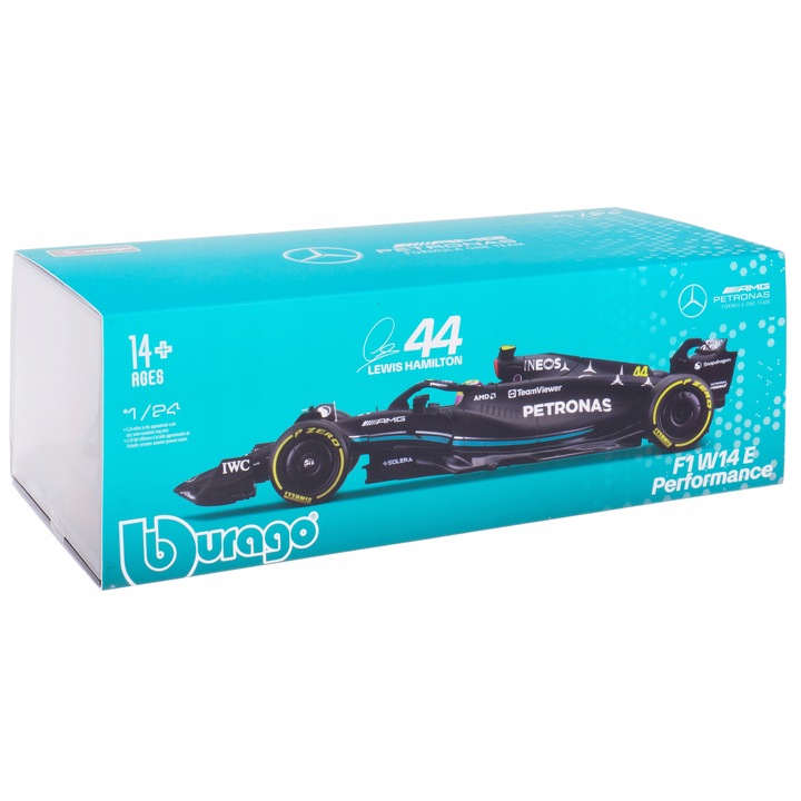 BBurago Mercedes W14E AMG 1:24 modellautó, #44 L. Hamilton, 23x8,5x4,5cm