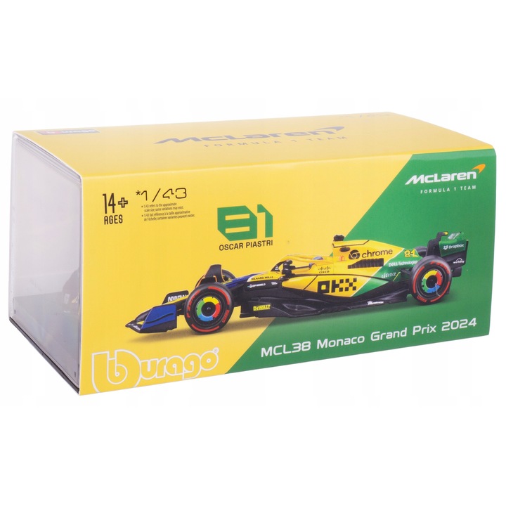 Automacheta BBurago MCLAREN MCL38 F1, Oscar Piastri, 1:43, 13x4,5x2,5cm