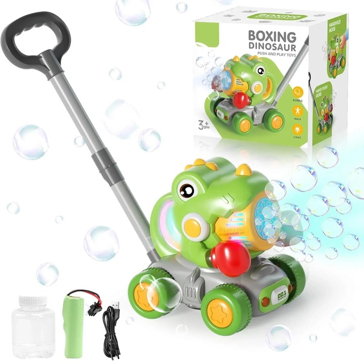 Dinozaur de jucarie interactiv verde cu box, generator de bule si lumini pentru copii 3 ani+, SALLMA®