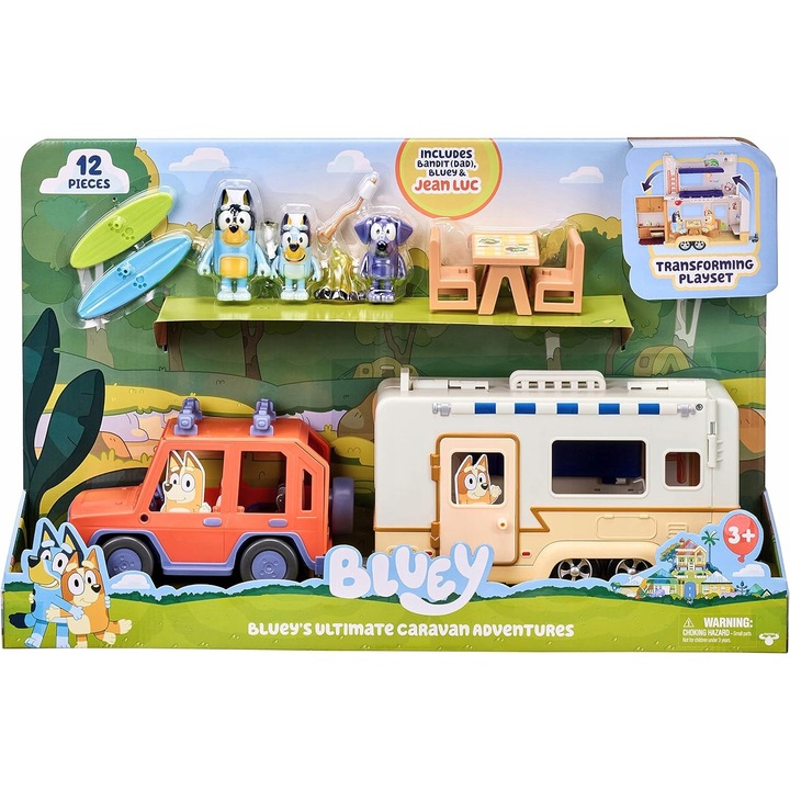 Комплект за игра Bluey с кола и ремарке за къмпинг, MOOSE TOYS, 3 фигурки, аксесоари, многоцветен, размери на ремаркето 11,5x30,1x16,9см
