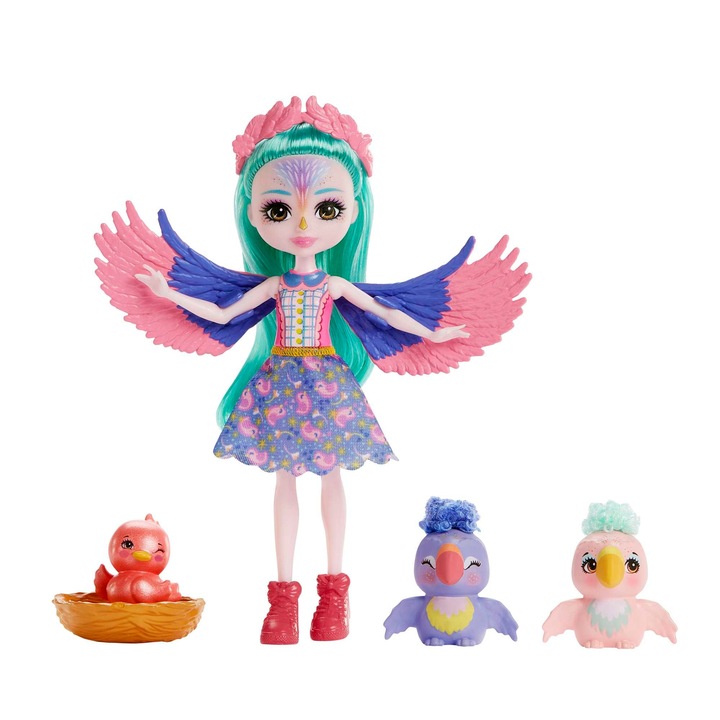 Set papusi Enchantimals, Filia Finch, 3 papuzici, 15cm, multicolor