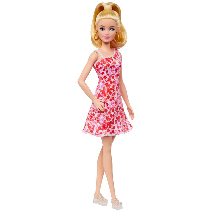 Barbie Fashionistas baba, virágos ruha, rózsaszín haj, 29cm