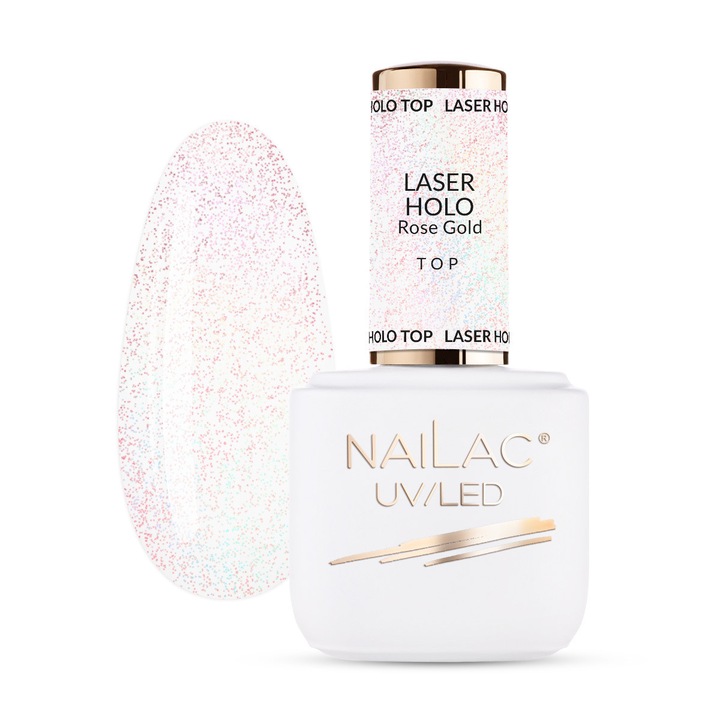 Oja hibrida Laser Holo Top Rose Gold 7ml, NaiLac, auto-nivelare, rezistenta la deteriorari