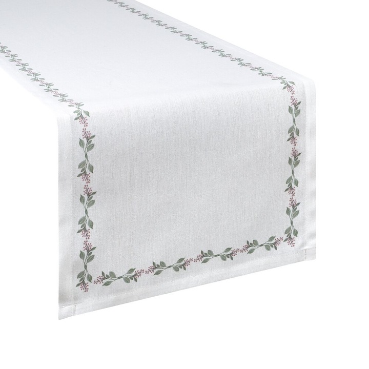 Eurofirany asztali futó 40x140cm, foltálló, fehér-zöld, virágmintás