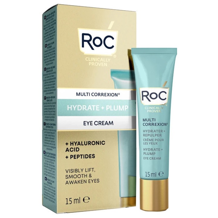 Crema de ochi RoC Multi Correxion Hydrate + Plump, 15ml, cu acid hialuronic, pentru lifting si hidratare