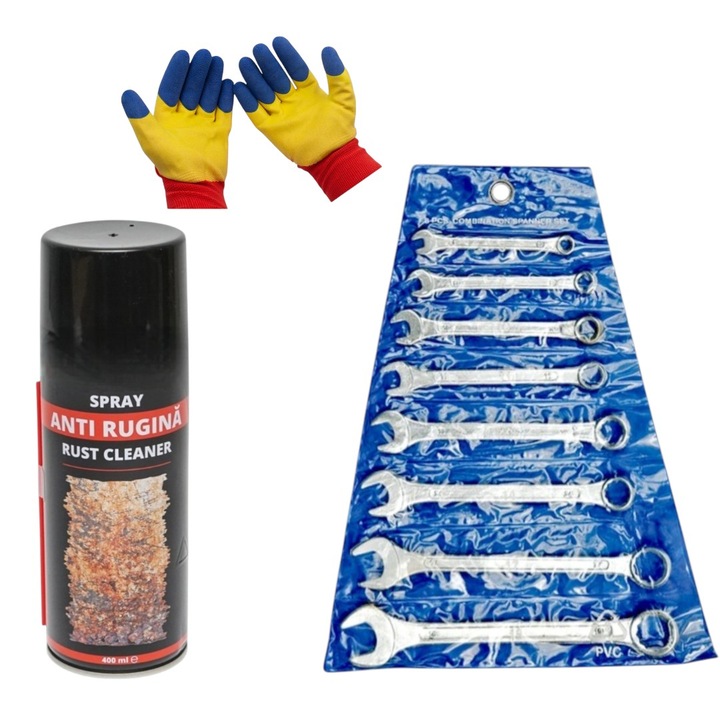 Set 8 chei combinate - M6/M8/M10/M12/M13/M14/M17/M19 - .otel carbon, inclinatie 15* capete cheie, uz casnic/profesional cu Spray tehnic anti rugina, 400 ml si Set manusi tricolore, protectie, latex