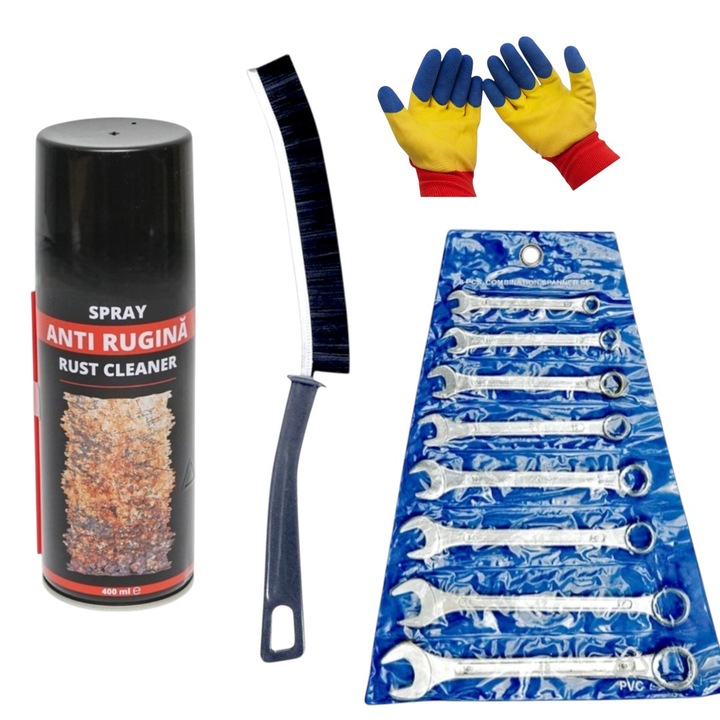 Set 8 chei combinate - M6/M8/M10/M12/M13/M14/M17/M19 - . inclinatie 15* capete cheie, uz casnic/profesional cu Spray anti rugina, 400 ml si Set manusi protectie, latex si Perie ingusta, 23 cm