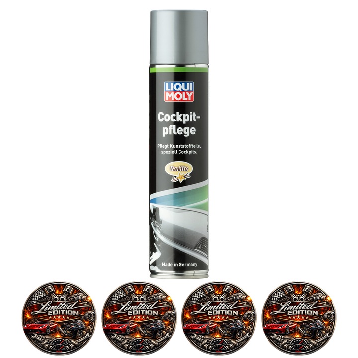 Spray intretinere bord auto LIQUI MOLY Cockpit Spray Vanilla, curatare si protectie plastice interior, efect antistatic, finisaj mat, parfum vanilie, 300ml, 4x Stickere auto
