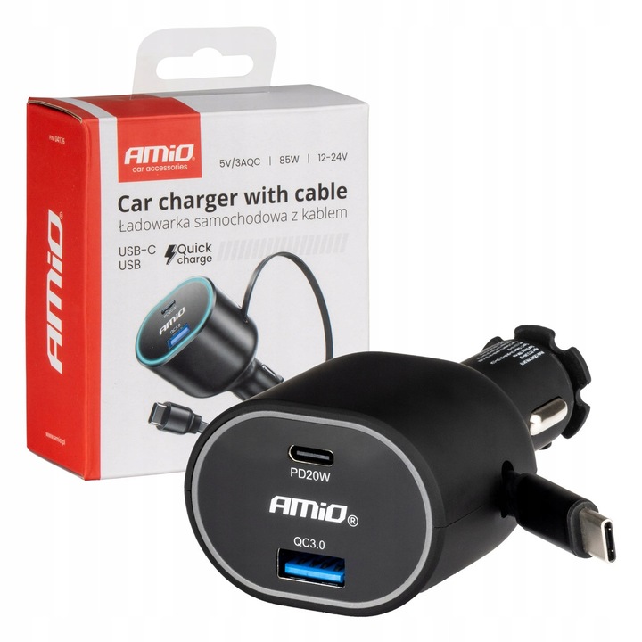 Gyors autós töltő visszahúzható kábellel 85W, USB-A QC3.0, USB-C PD20W, AMIO