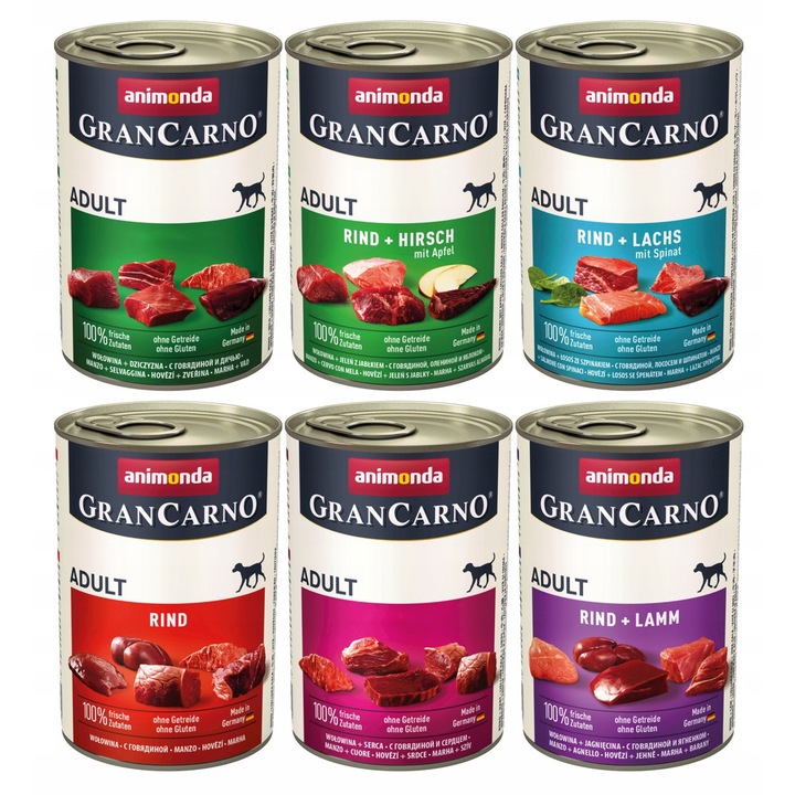 Hrana pentru caini, GranCarno Adult, set mix 6 arome fara pui, 6x400g