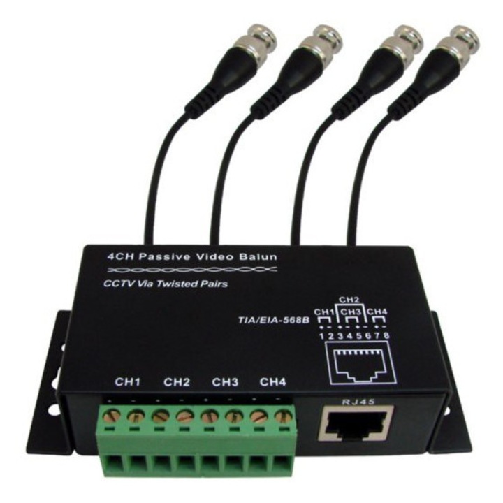 Transformator video pasiv 4 canale, Bowi, 4 iesiri BNC, RJ45, 0-8MHz, 75Ω, 100Ω