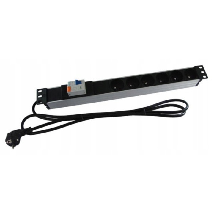 Разклонител 1U 19" 6 гнезда, алуминий, 2м, 230V, 16A
