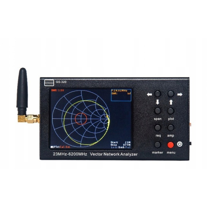 GS-320 antenna analizátor, 23MHz-6.2GHz, 3.2" TFT kijelző, méretek 145x72x24mm, 4000mAh akkumulátor, teljes készlet