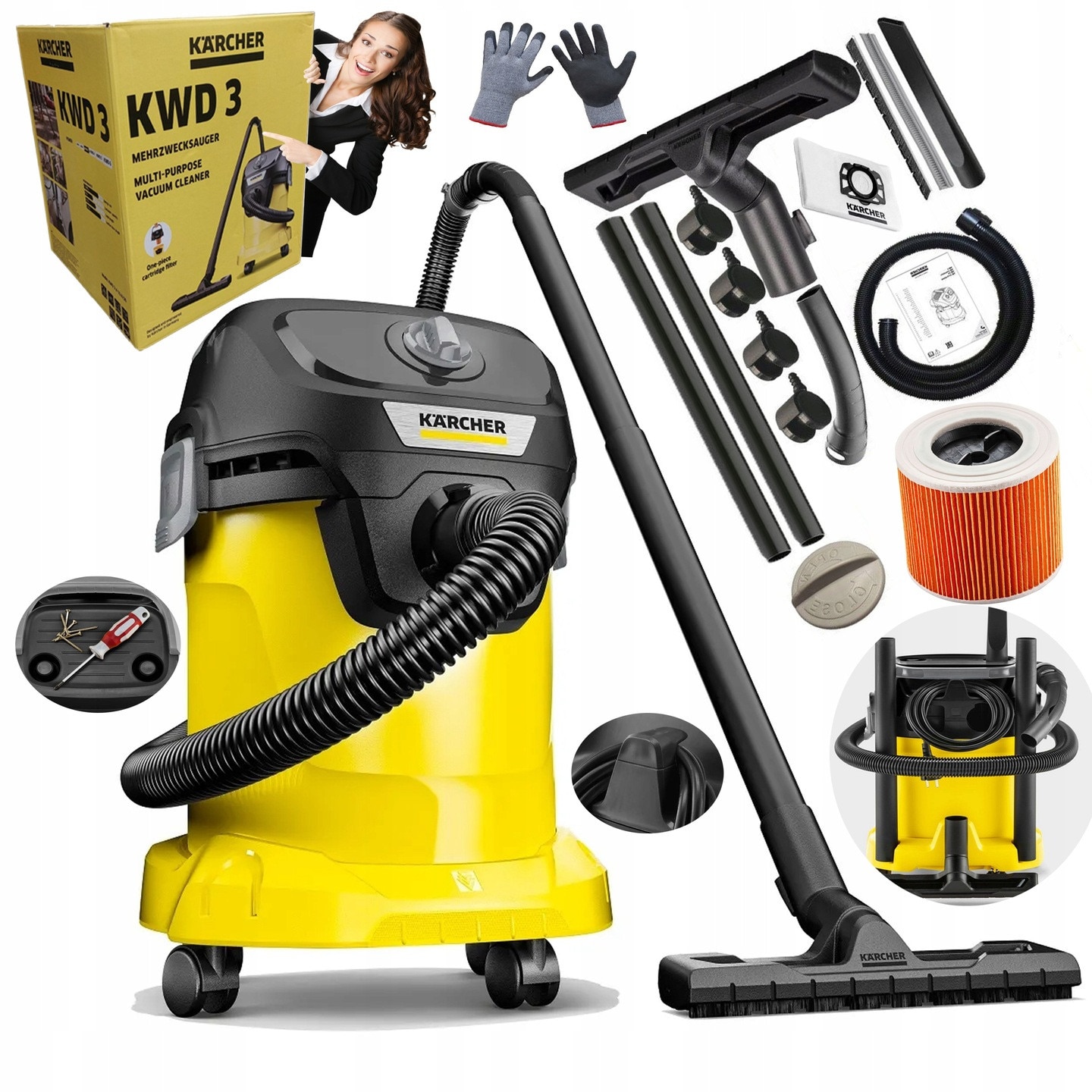 Aspirator Karcher WD3, 1400W, 17L, functie de suflare, pentru umed si uscat, set cu manusi de protectie