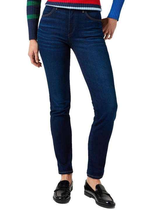 Blugi dama Wrangler Slim, talie inalta, elasticitate, albastri, bumbac/poliester/elastan, W32-L32 US