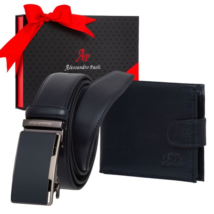 Set cadou pentru barbati: portofel negru din piele naturala si curea din piele italiana Alessandro Paoli, 130cm, dimensiuni 25,5x19x5,5cm