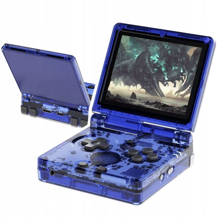 Consola portabila Anbernic RG35XXSP, 3,5 inch, 64GB, albastru transparent, set complet