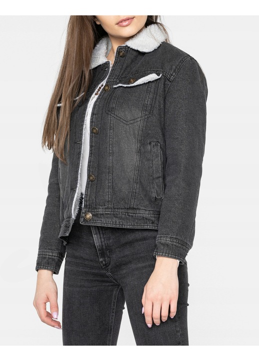 Geaca de dama, tip pilota, captusita cu blana de miel, neagra, denim