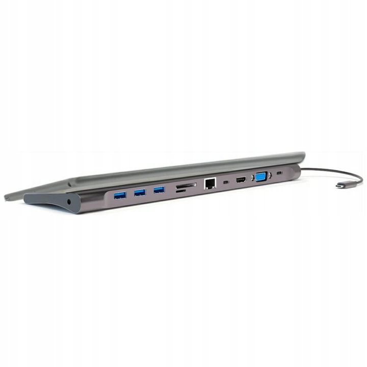 Hub 4smarts 11in1, szürke, 31.5x9x2.1cm, USB-C, HDMI, VGA, RJ45, memóriakártyák
