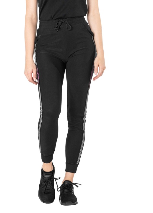 Pantaloni sport dama 1863, confortabili, cu dungi decorative, negru, bumbac-elastan