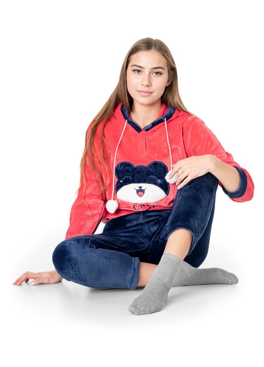 Set Pijama Dama, SWF08, 2 piese, gluga, rosu/bleumarin, material plus Wellsoft, XL INTL