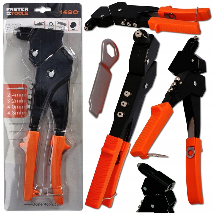 Faster Tools kézi szegecselő, 4 fejjel, ergonomikus fogantyú, 360°-ban forgatható, alumínium szegecsekhez