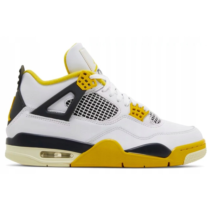Pantofi sport Jordan 4 Vivid Sulfur, piele naturala, alb, detalii negre si sulf, 44 EU