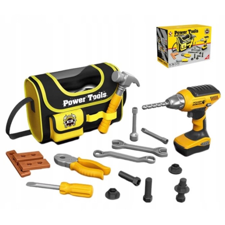 Set unelte pentru copii, ChRLD, cu bormasina, ciocan, cleste, 24x17x12cm