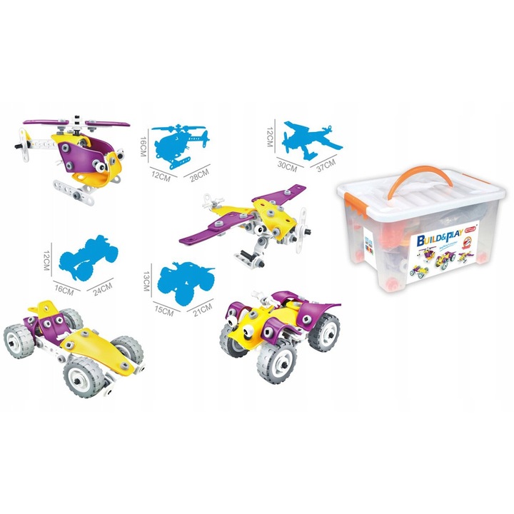 Set de constructie ChRLD 100 elemente, Formula 1, Quad, Helicopter, Avion, multicolor, 30x37x12cm, 27x19,5x15cm