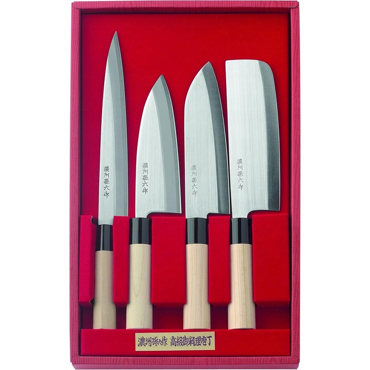 Set 4 cutite japoneze Herbertz, Sashimi 210mm, Kodeba 160mm, Santoku 170mm, Nakiri 170mm, manere din debu, otel inoxidabil 420J2