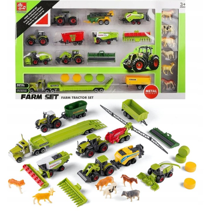 Set utilaje agricole SunQ Toys, 3 tractoare, 1 combina, 1 excavator, 6 animale, 24cm