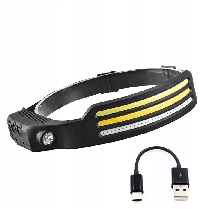 Челен фенер, челник с 3 COB ленти и XPE LED, сензор за жестове, 600 lm, презареждаем USB-C, IPX4 устойчивост, черен/жълт, 1 бр.