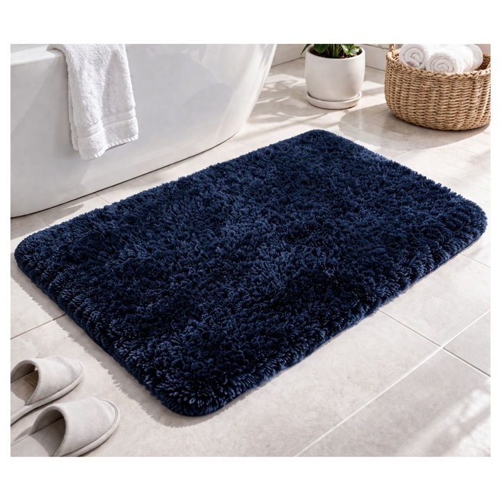 Covoras baie pufos, 90 x 60 cm, ultra absorbant si antiderapant - microfibra foarte moale, Albastru Inchis ®OPTIMDEKO