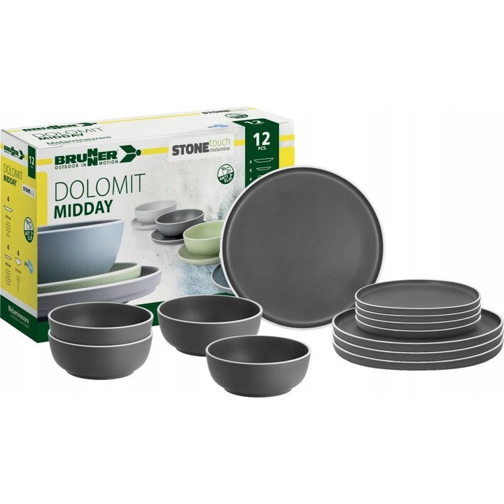 Midday Dolomit melamin étkészlet, 4 db 25 cm-es tányér, 4 db 20 cm-es tányér, 4 db 16 cm-es tál, szürke, Brunner