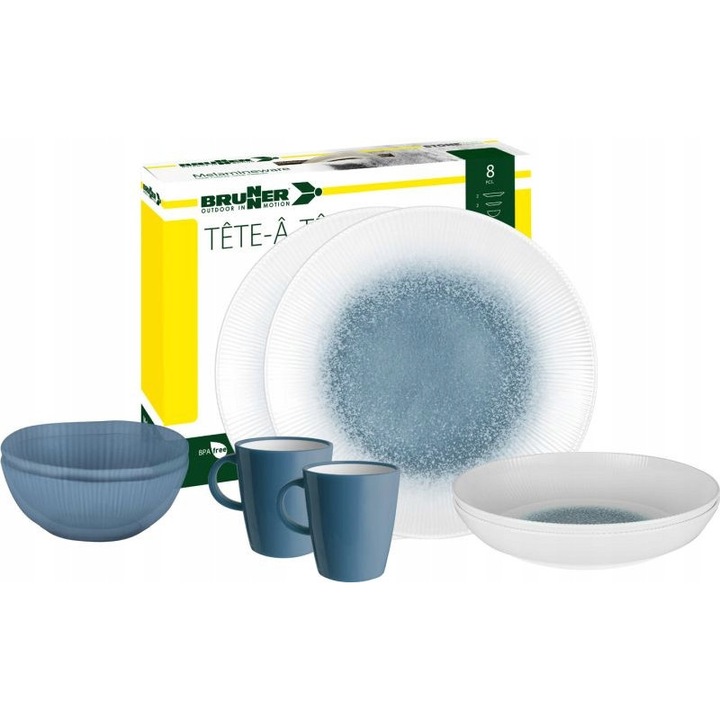 Meteore Azur étkészlet, 8 db, melamin, kék/fehér, 2 tányér, 2 tál, 2 bögre