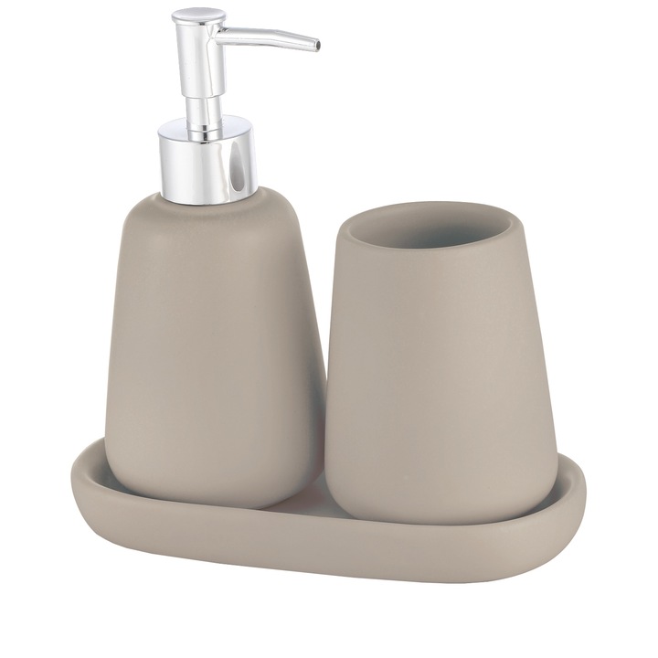 Set accesorii baie, Bisk, dozator sapun + cana cosmetica, bej, 16.8x17.8x9.3cm