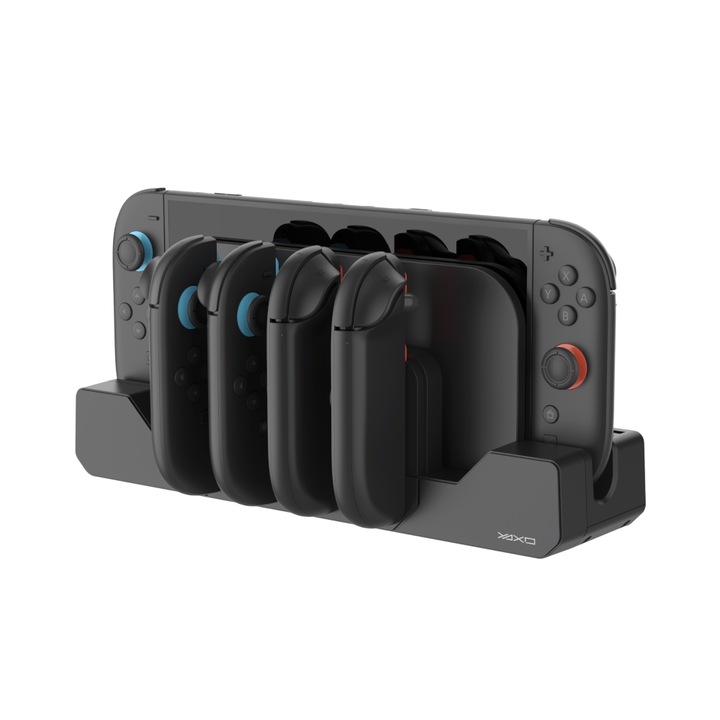 Statie de incarcare pentru Joy-Con Nintendo Switch 2, YAXO, Power Shock, Incarcare simultana pentru 4 controlere, Indicatori LED, Sloturi pentru 2 carduri de joc, Port USB-A, Negru Techno