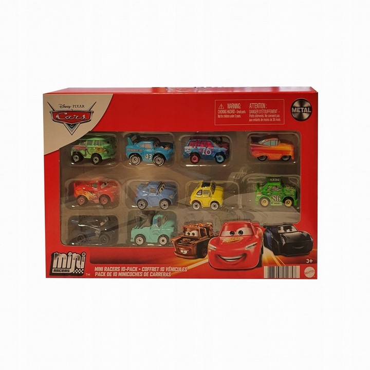 Set 10 mini masinute Cars, Mattel, Zygzak McQueen si prieteni, metal, 3-4 cm
