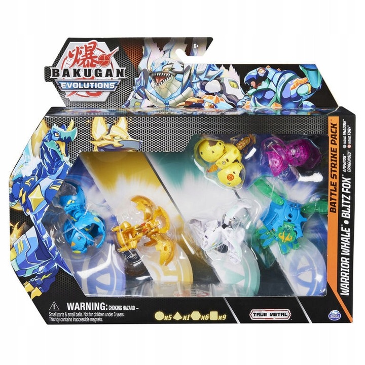 Set figurine Bakugan Evolutions Battle Strike Pack, 1 Bakugan din metal, 2 Bakugani, 1 Geogan, 2 Nanogani, 6 BakuCores, 3 carti personaje, 3 carti abilitati, 3 carti poarta