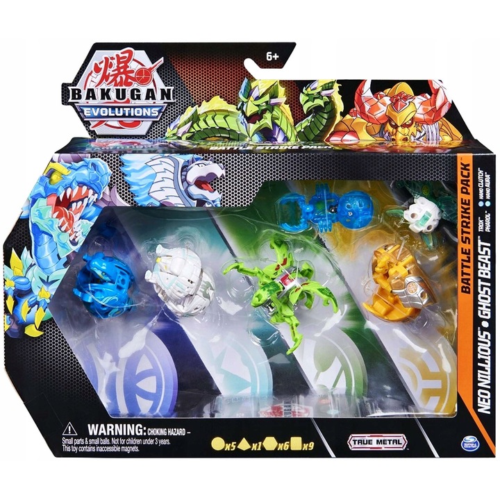 Pachet de figurine Bakugan Evolutions Battle Strike, 6 figurine, Trox, Platinum Neo Nillious, Pharol, Ghost Beast, Nano Clutch, Nano Aura, multicolor, pentru copii de la 6 ani
