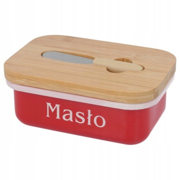 Cutie pentru unt cu cutit, Brunbeste, inox, bambus, rosu