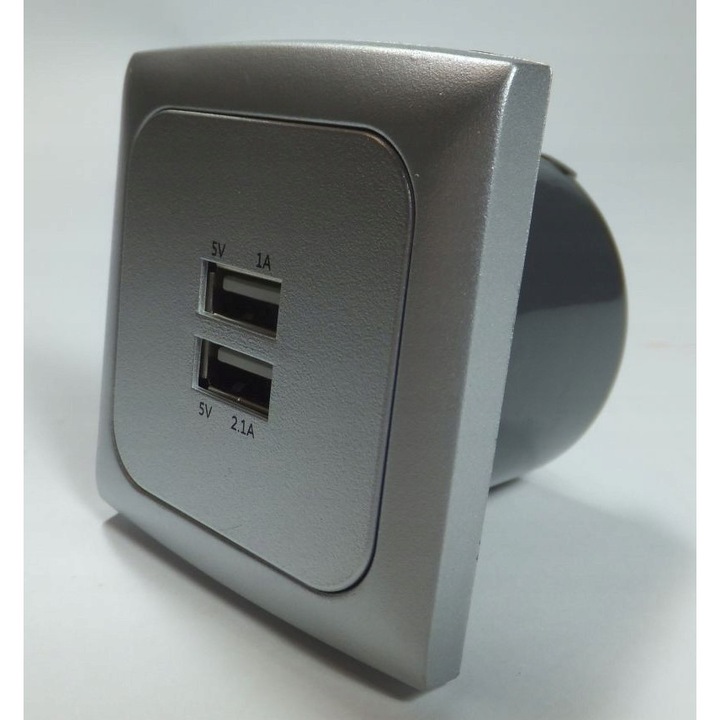 Gniazdo USB C-line dublu 3,1 A, rama si isobox, argintiu, 60x60x50mm